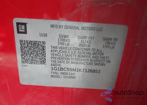 2019 Chevrolet Cruze Ls z USA, uszkodzony, nr VIN 1G1BC5SM1K7126853